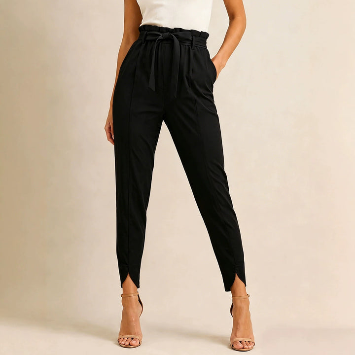 Damen nan hoch taillierte Paperbag-Hose mit Bindegürtel und geschlitztem Knöchelabschluss Echo Archiv