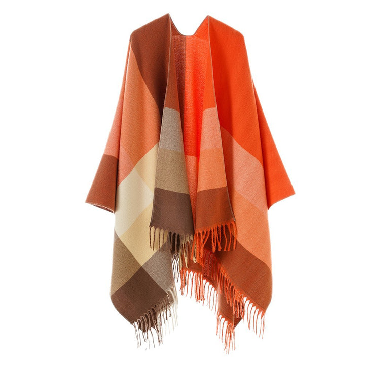 Damen Farbblock-Poncho aus Wollmix mit Fransensaum und asymmetrischem Schnitt – Avérine