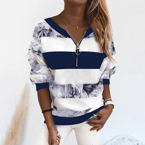 Damen nan weit geschnittenes Sweatshirt mit Ringreißverschluss, Blockstreifen und floralem Einsatz Echo Archiv