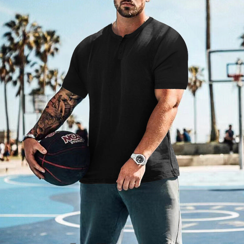 Herren lässiges Kurzarm-Henley-T-Shirt aus atmungsaktiver Baumwolle mit Knopfdetails Echoarchiv