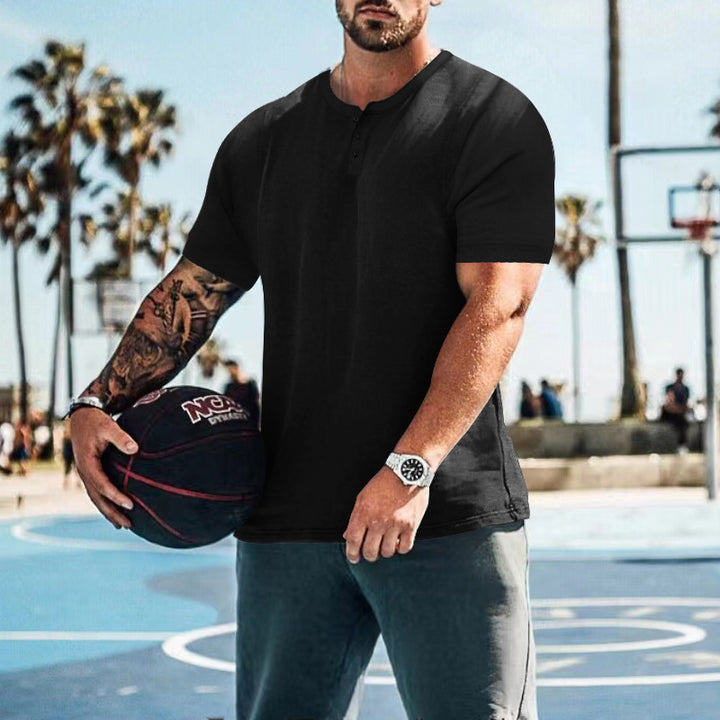 Herren lässiges Kurzarm-Henley-T-Shirt aus atmungsaktiver Baumwolle mit Knopfdetails Echoarchiv