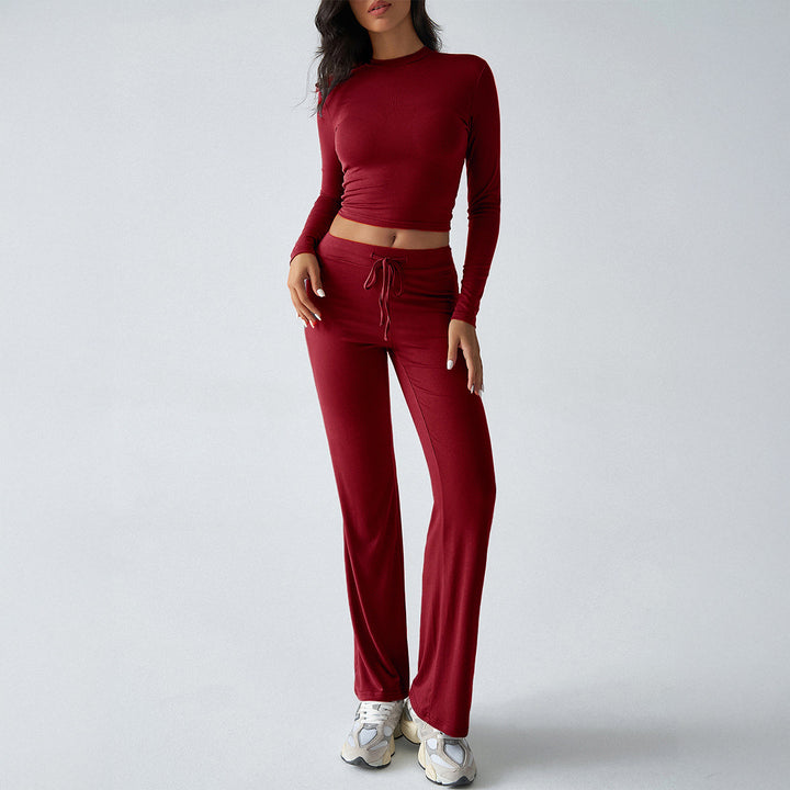 Damen nan tailliertes Longsleeve-Crop-Top und weite Lounge-Hose im Zweiteiler-Set aus Stretchjersey Echo Archiv