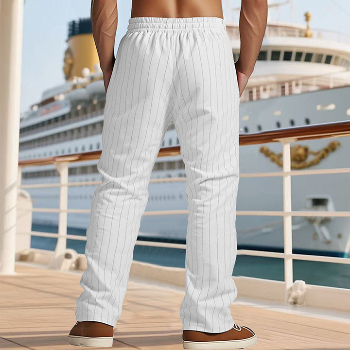 Herren Maritime Leinenoptik-Freizeithose mit Nadelstreifen elastischem Bund und seitlichen Eingrifftaschen – Sorevano