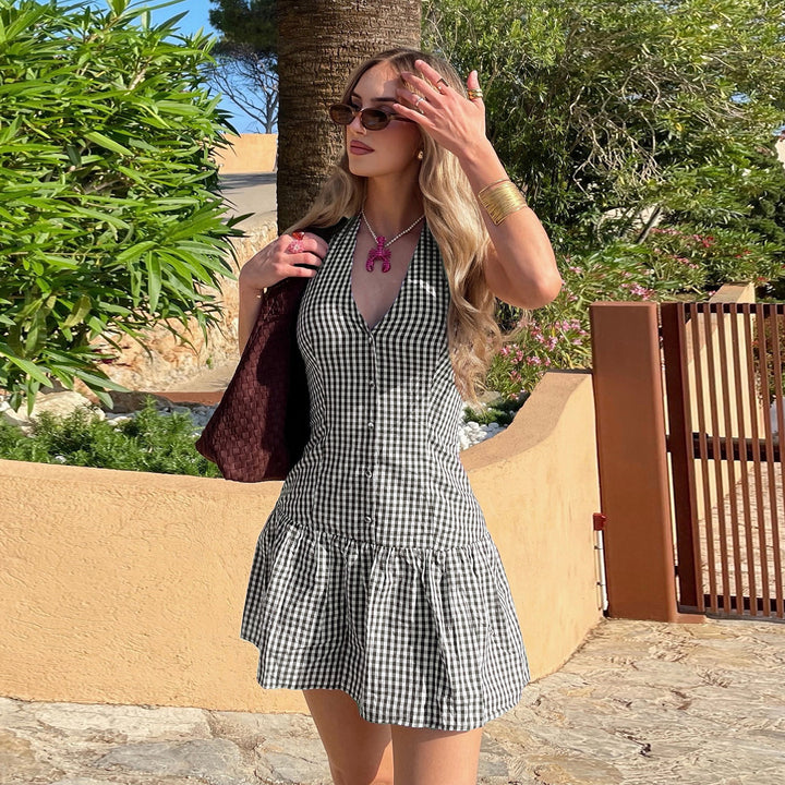 Damen V-Ausschnitt Kleid mit schwingendem Saum und Knopfdetails Echo Archiv