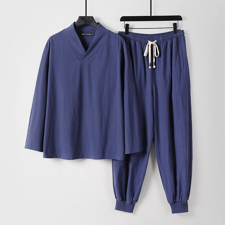 Herren Leichtes Kimono-Loungewear-Set aus Baumwollmix mit V‑Ausschnitt und elastischer Bündchenhose Echoarchiv