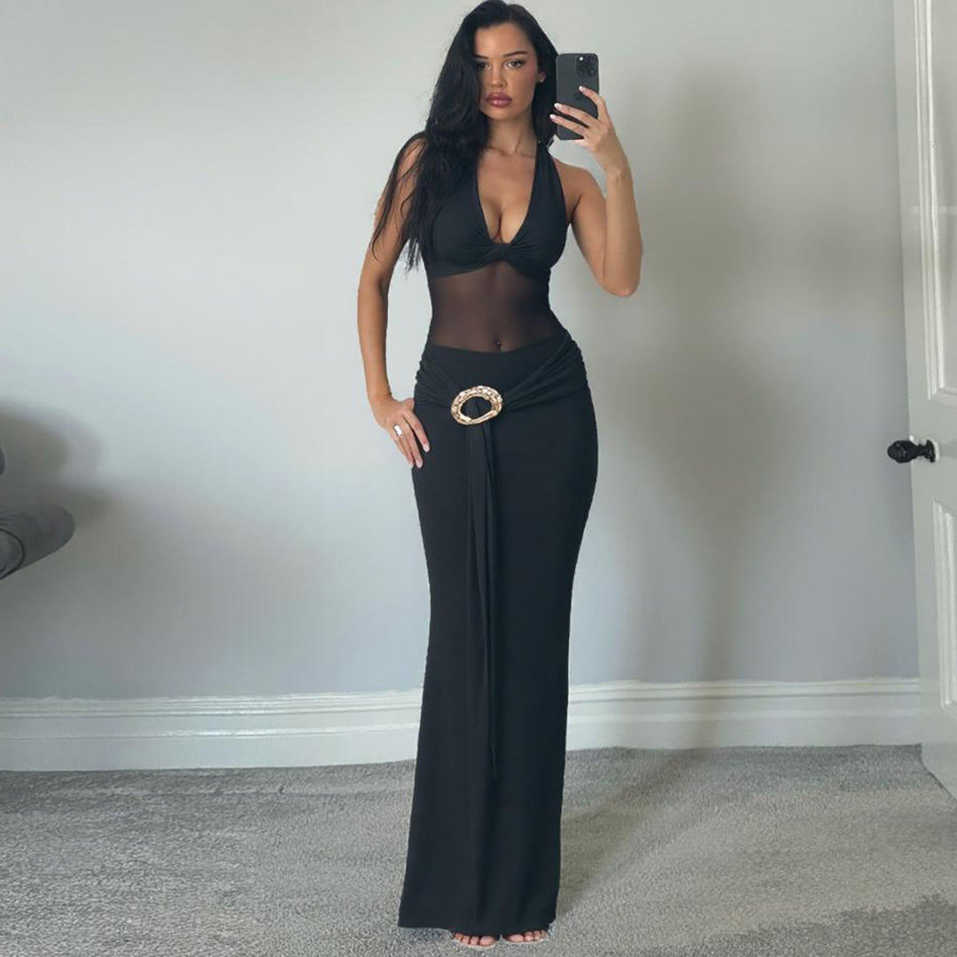 Damen Maxikleid mit durchscheinendem Oberteil und dekorativem Gürtel Echo Archiv