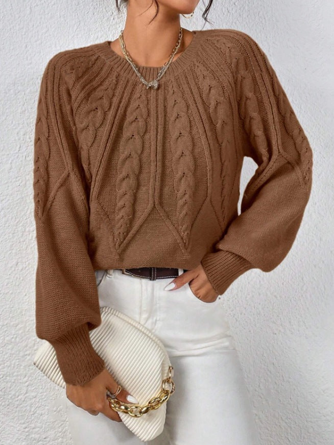 Damen nan kurzer Zopfmuster-Strickpullover mit Ballonärmeln und geripptem Saum Echo Archiv
