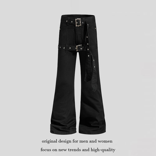 Damen High‑Waist Schlag-Cargohose mit weitem Bein, Doppelgürtel und Metallösen Echoarchiv