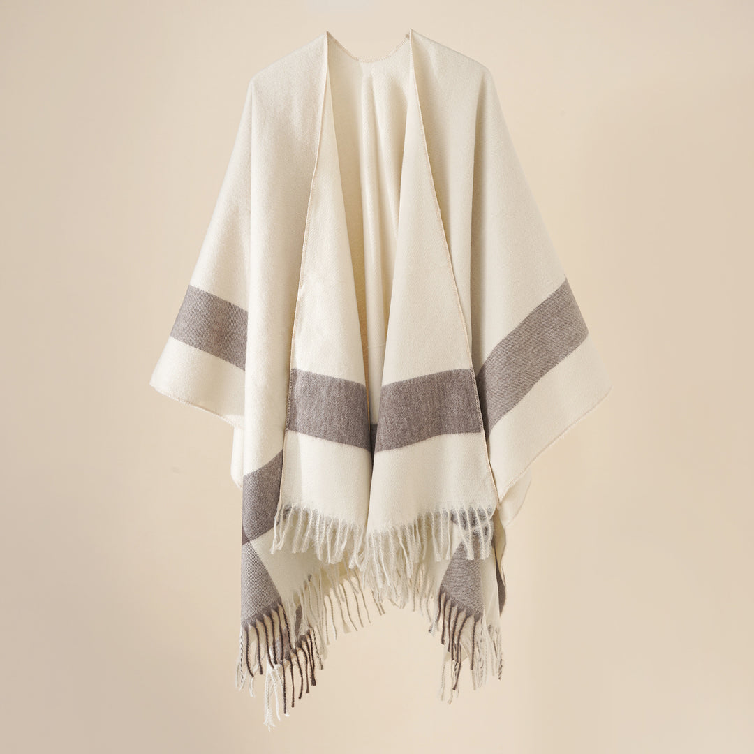 Damen Weit geschnittener Karierter Poncho mit Fransen und V‑Ausschnitt – Avérine