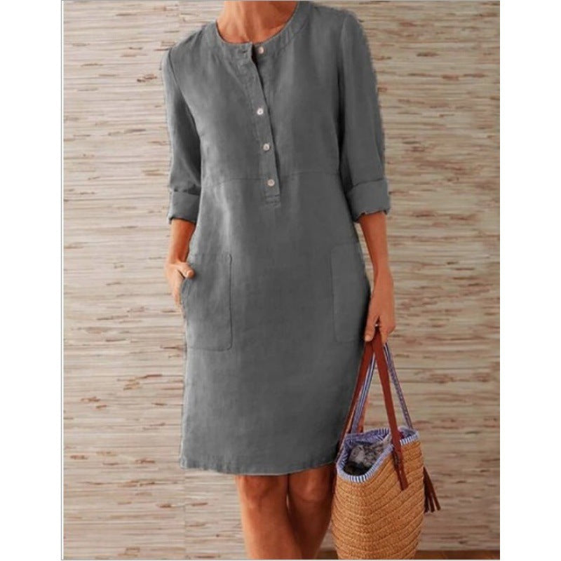 Damen Locker geschnittenes Leinenoptik-Kleid mit dreiviertel-Ärmeln, Knopfleiste und Eingrifftaschen Echo Archiv