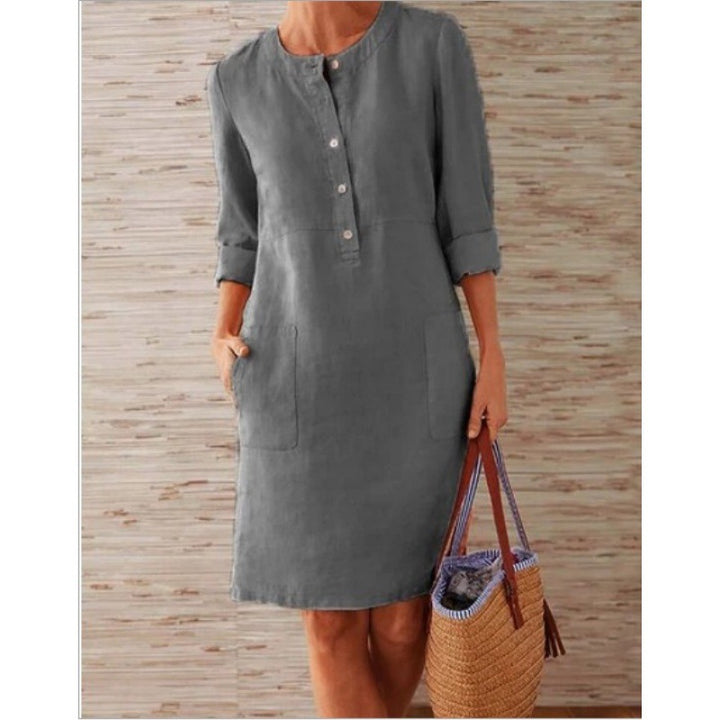 Damen Locker geschnittenes Leinenoptik-Kleid mit dreiviertel-Ärmeln, Knopfleiste und Eingrifftaschen Echo Archiv