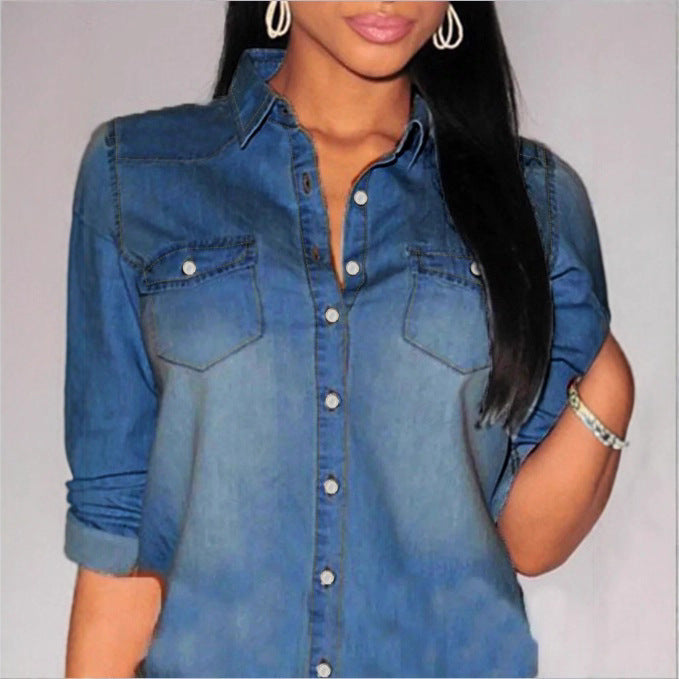 Damen taillierte Denim-Hemdbluse mit Brusttaschen und Perlmuttknöpfen Echo Archiv
