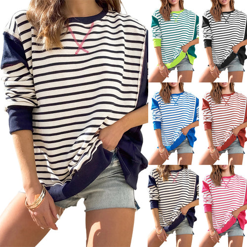 Damen Oversize Streifen-Sweatshirt mit Rundhalsausschnitt und Colorblock-Ärmeln – Avérine