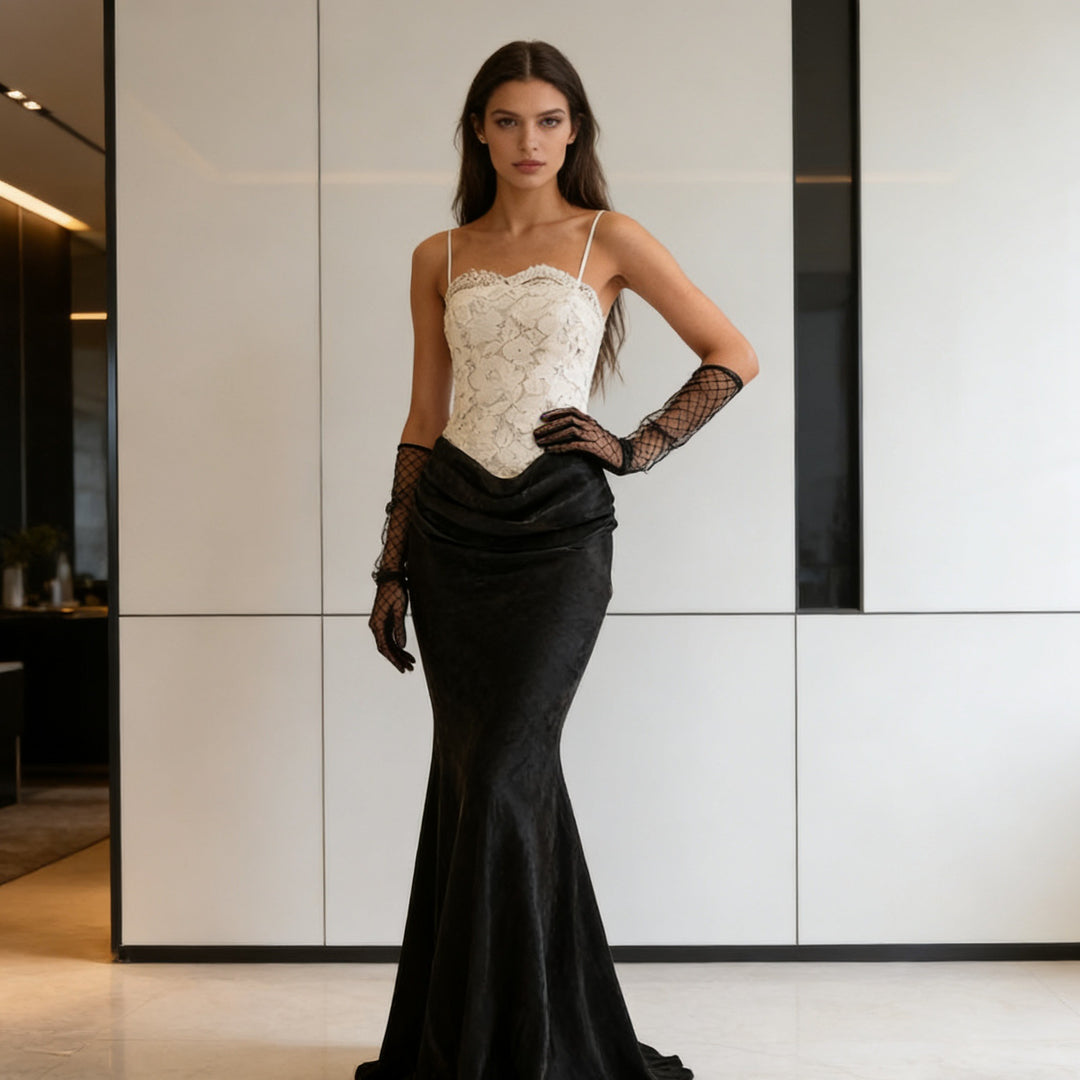Damen Elegantes Abendkleid mit Spitzenoberteil und schwingendem Rock Echo Archiv