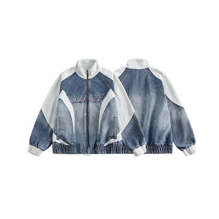 Unisex Boxy-Jeansjacke im Patchwork-Look mit Stehkragen und Reißverschluss Echo Archiv
