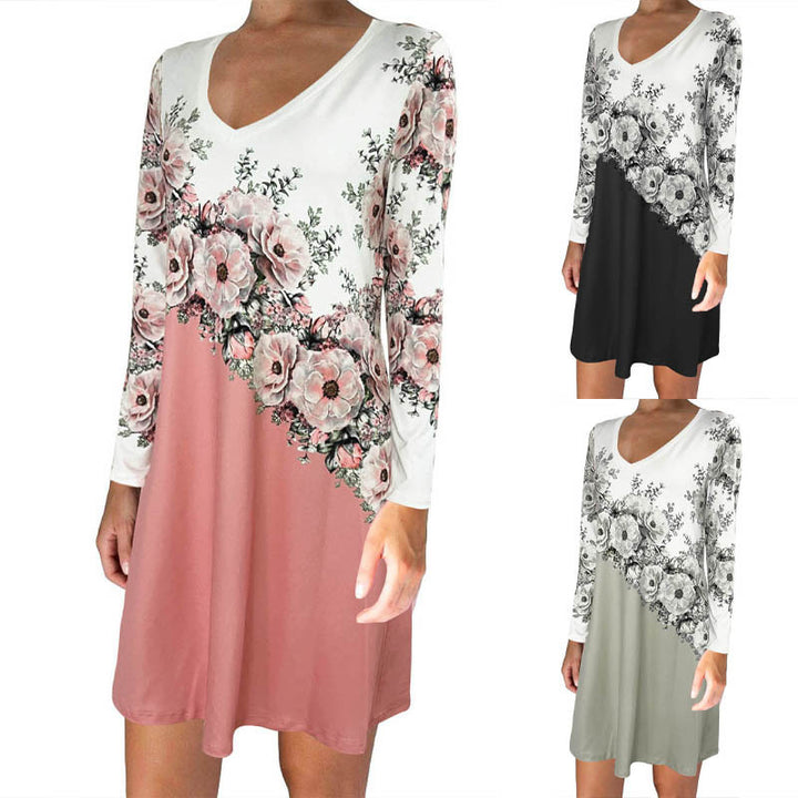 Damen Vokuhila-Kleid mit V-Ausschnitt, langen Ärmeln, floraler Diagonal-Print und seitlichem Schlitz Echoarchiv