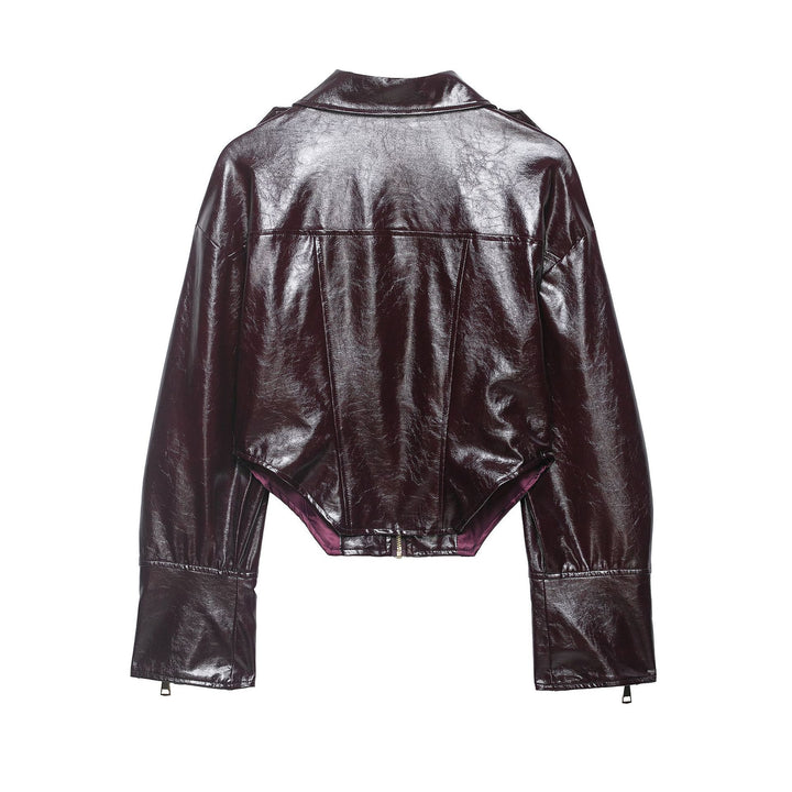 Damen Glänzende Cropped Bikerjacke in Lackoptik mit Schulterklappen und Zip-Ärmeln Echoarchiv
