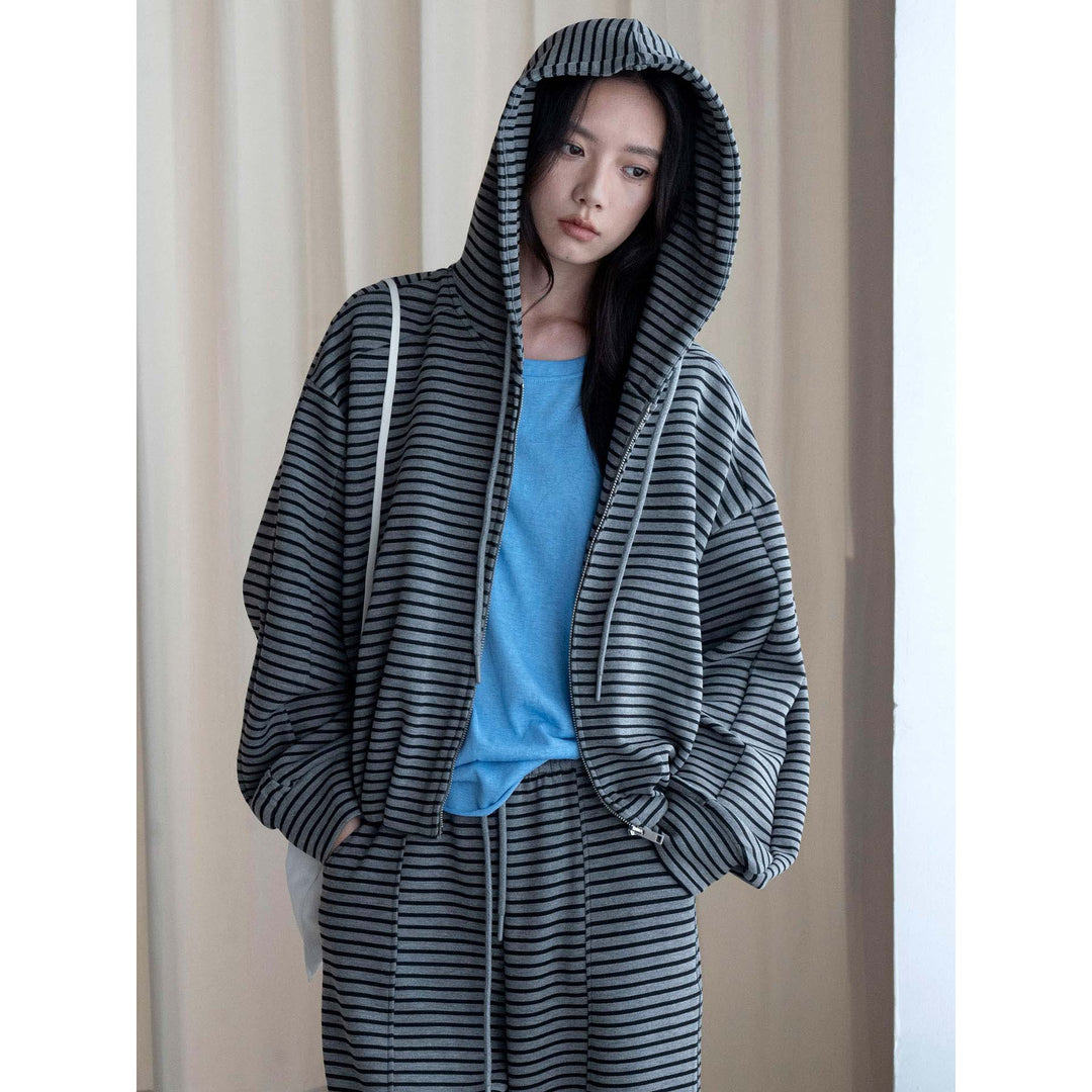 Damen Gestreifte Relaxed-Fit Zip-Kapuzenjacke mit Kordelzug Echoarchiv