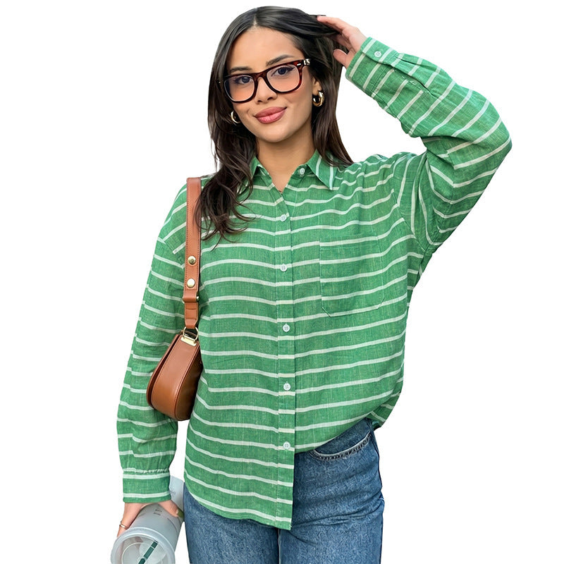 Damen Legere gestreifte Oversize-Hemdbluse aus Leinenoptik mit Brusttasche – Maréline