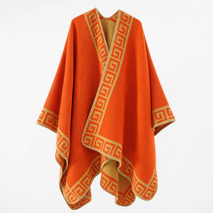 Damen Cape‑Poncho mit Mäander‑Bordüre und Wollmix‑Qualität – Montévia