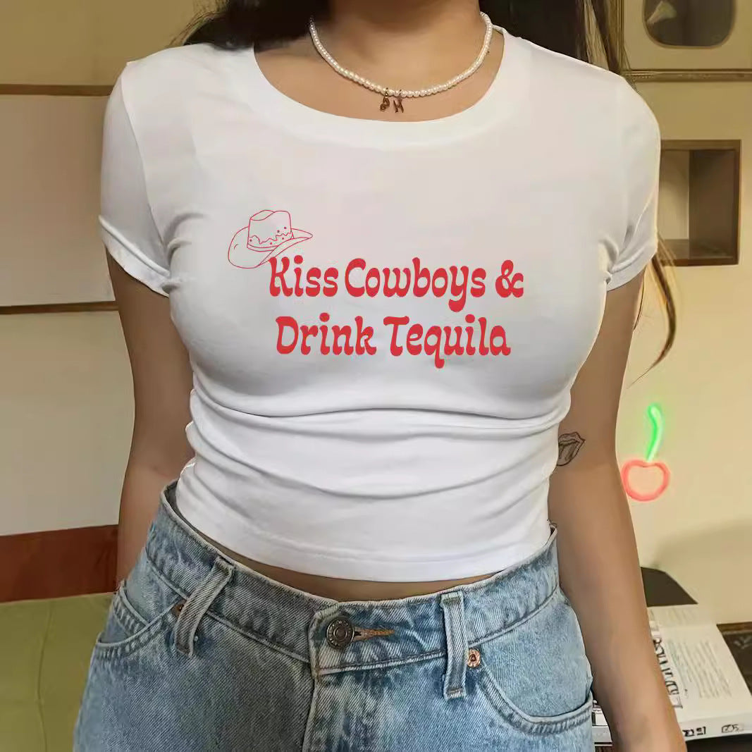 Damen Crop-T-Shirt mit kreativem Motiv und figurbetontem Schnitt Echo Archiv