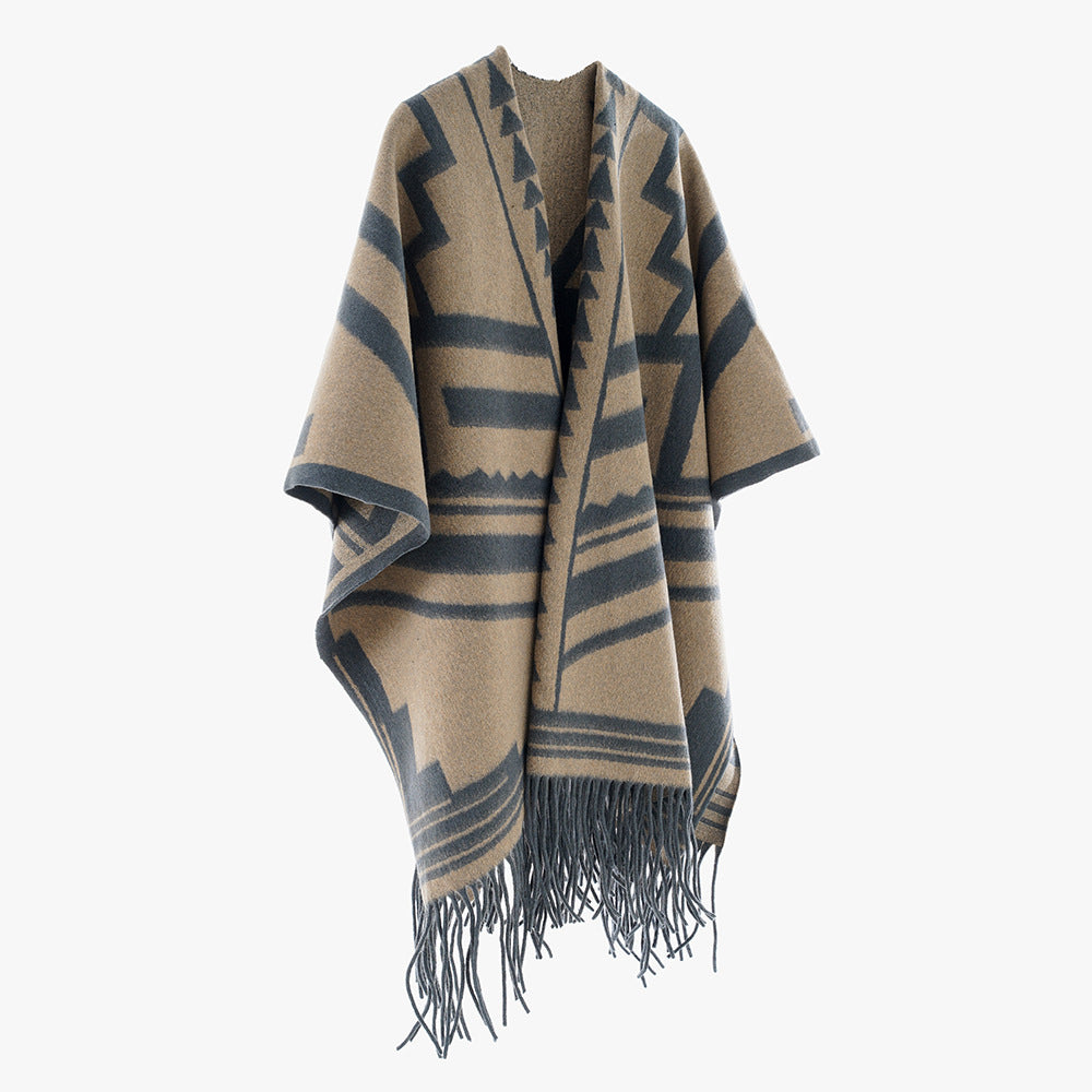 Damen Aztekisch inspirierter Wollmix-Überwurf mit asymmetrischem Fall und Fransensaum – Avérine