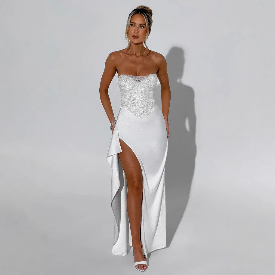 Damen Elegantes Abendkleid mit schimmerndem Oberteil und hohem Schlitz Echoarchiv