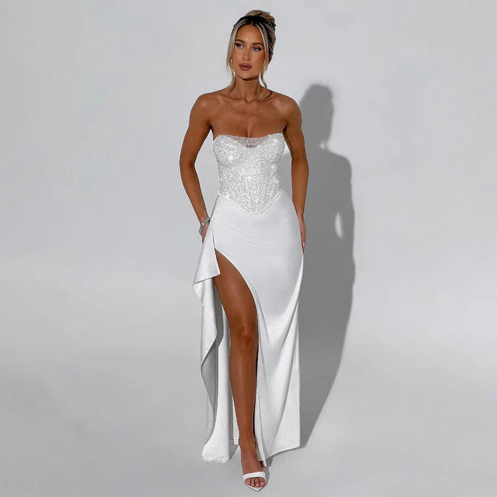 Damen Elegantes Abendkleid mit schimmerndem Oberteil und hohem Schlitz Echoarchiv