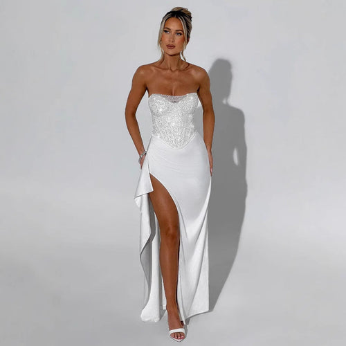 Damen Elegantes Abendkleid mit schimmerndem Oberteil und hohem Schlitz Echoarchiv