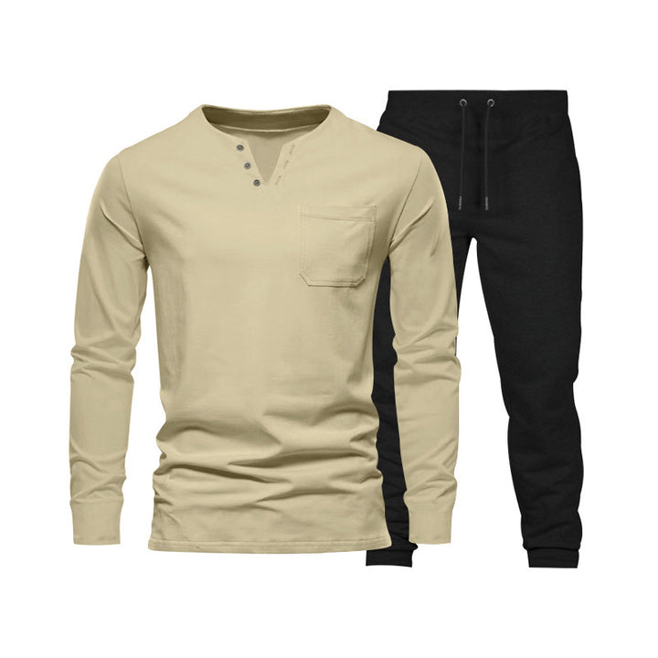 Herren Langarm‑Henley Loungewear‑Set mit Brusttasche und tapered Jogginghose – Marzano