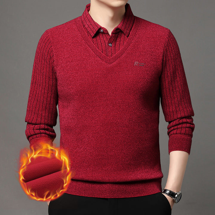 Herren eleganter V-Pullover mit strukturierten Ärmeln und klassischem Hemdkragen Echoarchiv