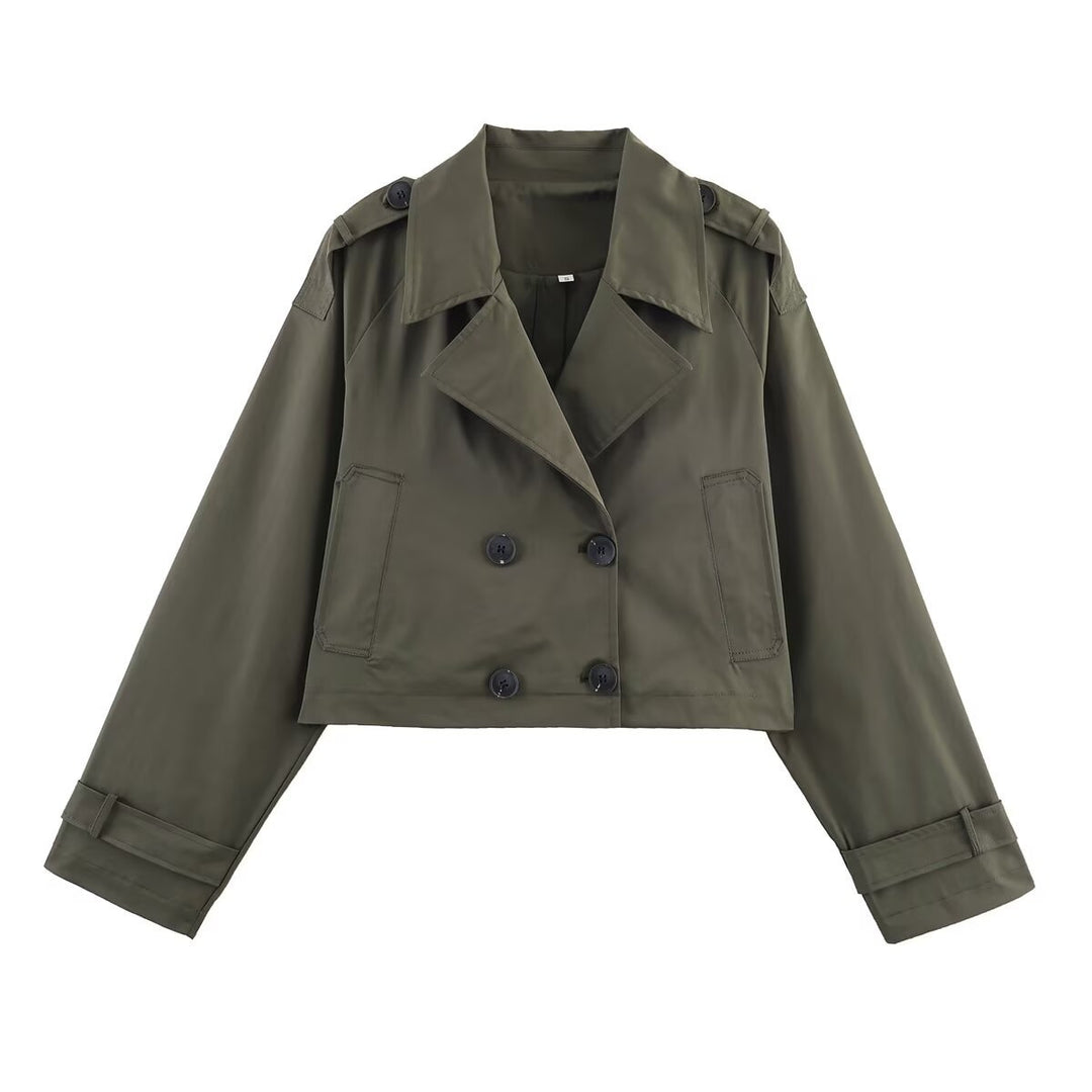 Damen Kurzgeschnittene Trenchjacke im Boxy‑Schnitt mit Doppelreiher und Schulterriegeln Echo Archiv