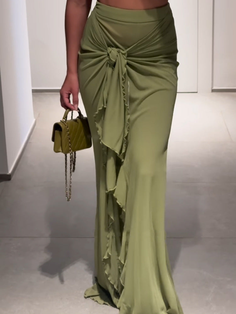 Damen Hochtaillierter Maxi-Rock mit asymmetrischer Raffung, Knotendetail und Volant-Schlitz Echoarchiv