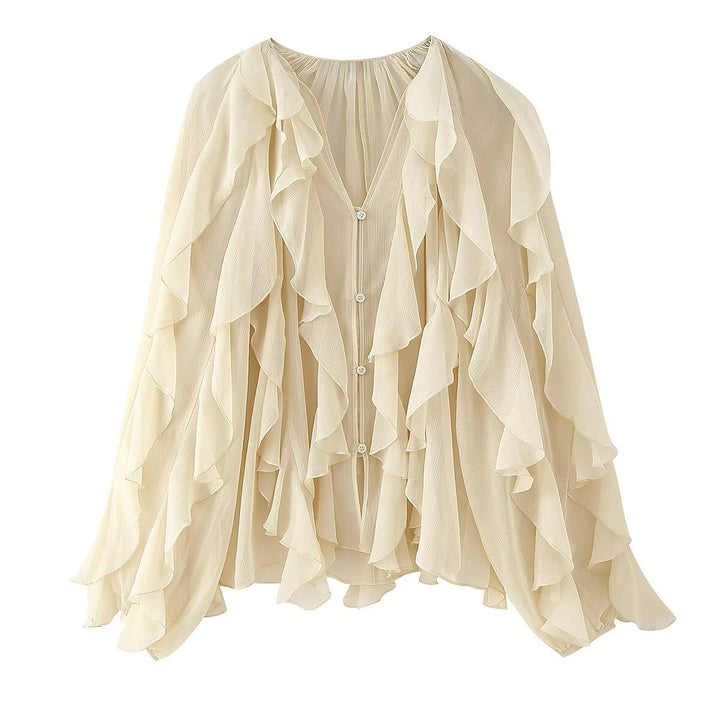 Damen Volant-Chiffonbluse mit Knopfleiste, gerafftem Ausschnitt und Ballonärmeln Echo Archiv