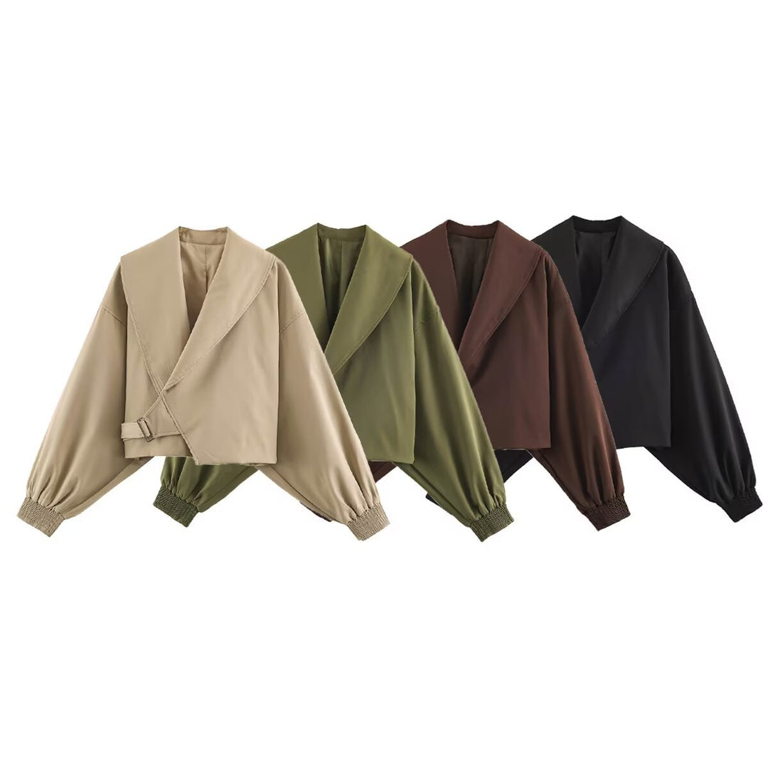 Damen Cropped-Jacke mit weitem Matrosenkragen, asymmetrischem Überschlag und Ballonärmeln Echo Archiv