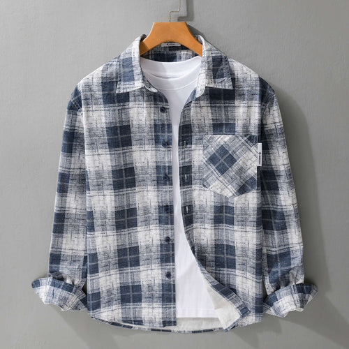 Herren Leichtes kariertes Layering-Overshirt aus Baumwoll‑Leinenmix mit diagonalem Brustpatch Echoarchiv