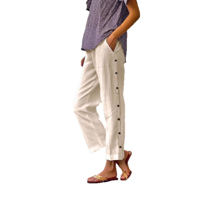 Damen Cropped Weitbeinige Knopf-Trim Leinen-Mischung Casual Hose – Avélisse