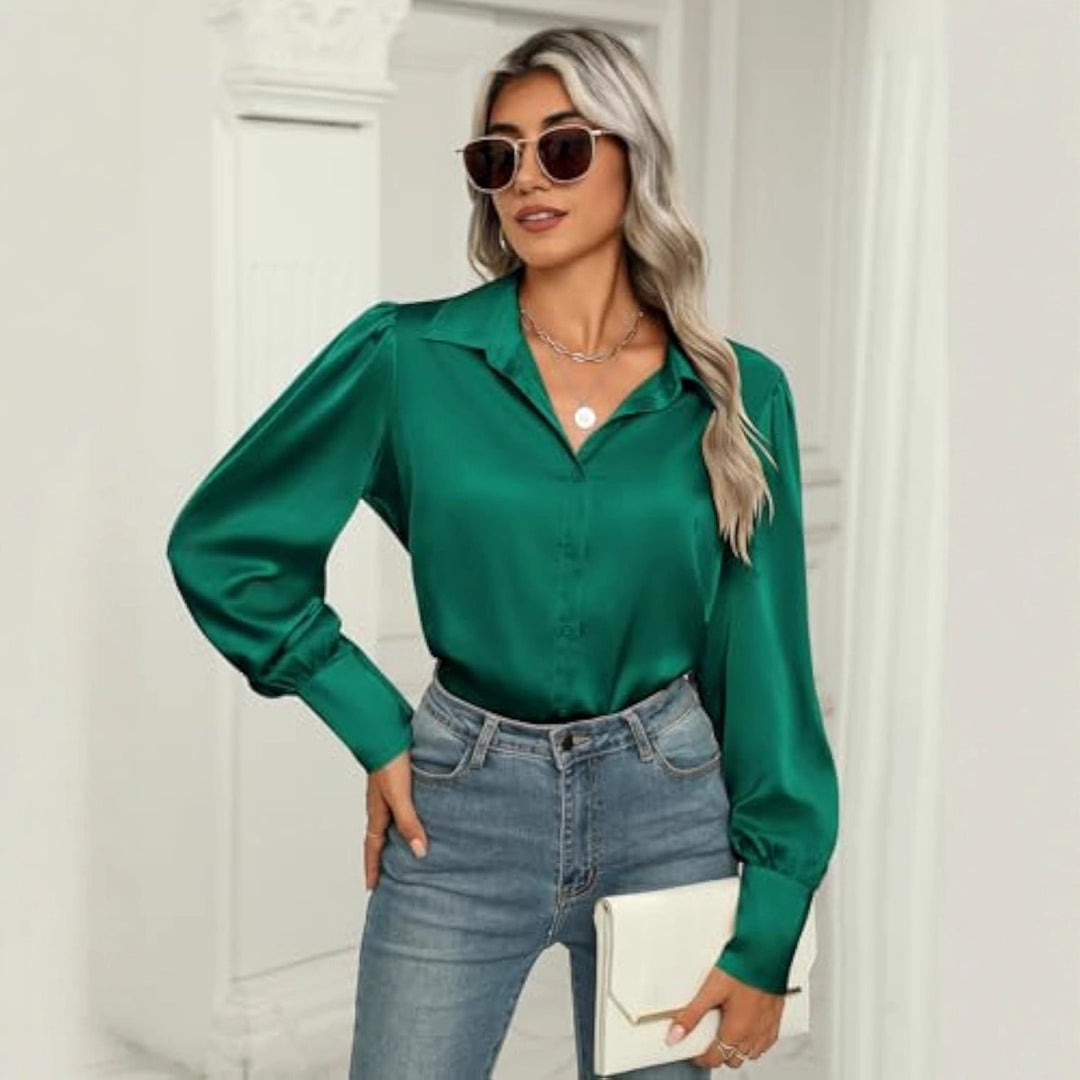 Damen Seidenoptik-Bluse mit Hemdkragen, verdeckter Knopfleiste und langen Manschetten – Élovi