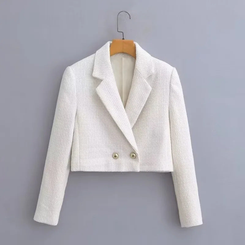 Damen kurze Bouclé-Cropped-Jacke mit Reverskragen und dekorativen Metallknöpfen – Célinea
