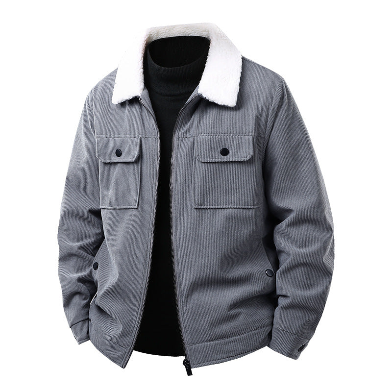 Herren Kord-Workjacke mit Sherpa-Kragen, verdecktem Reißverschluss und Multifach-Brusttaschen Echoarchiv