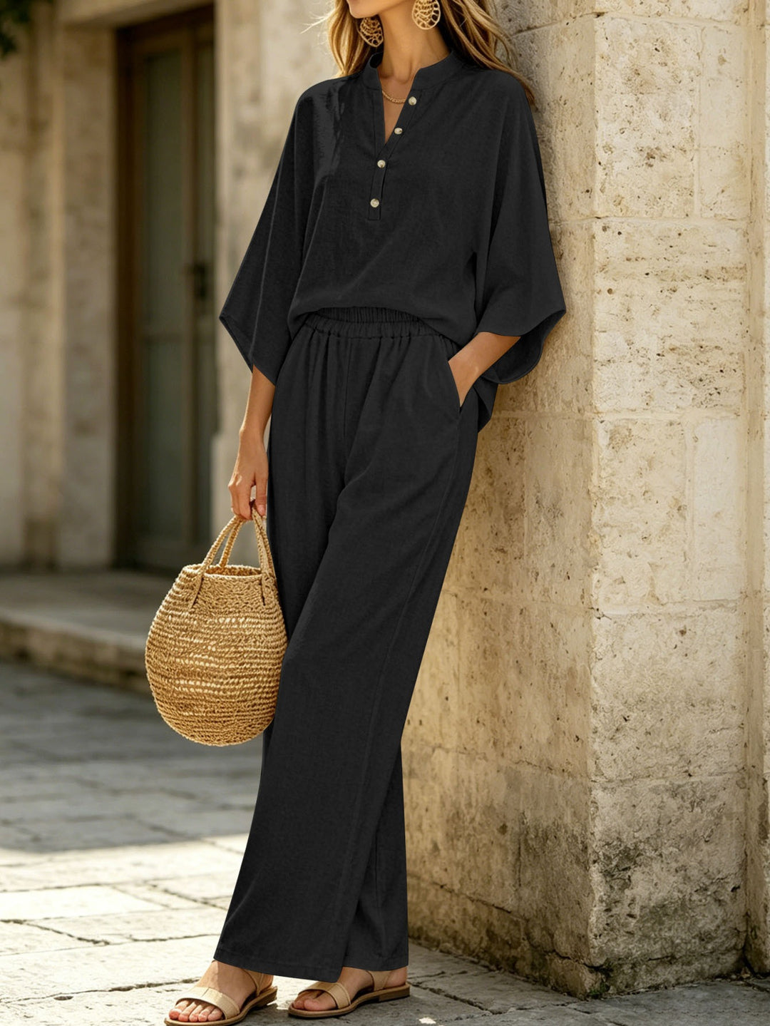 Damen Leichtes Jersey-Set mit Oversize-Henleybluse, Kimonoärmeln und weiter Bundhose – Élanora