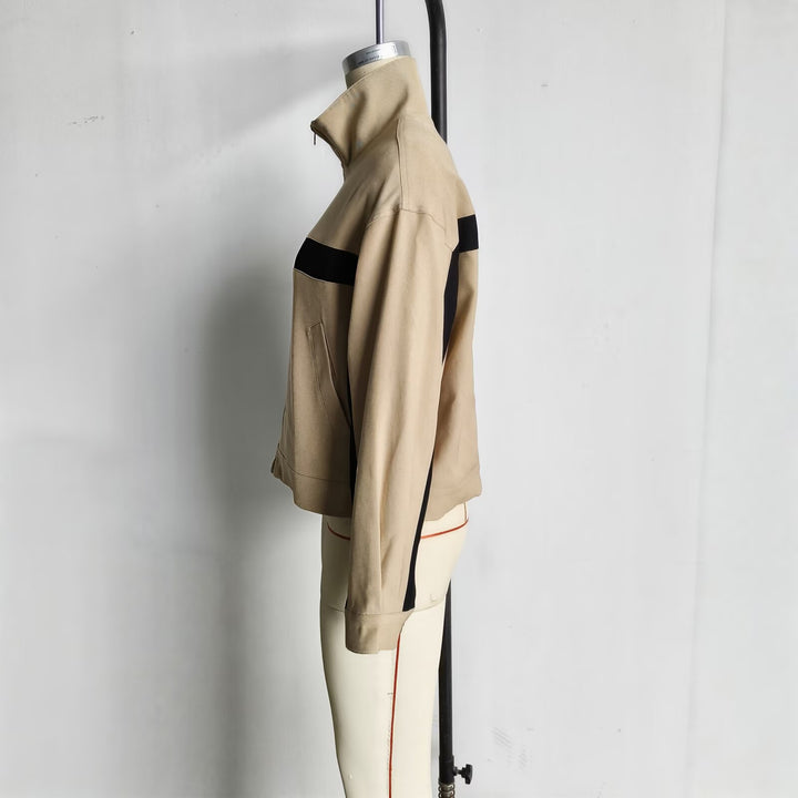 Damen Boxy-Cropped-Übergangsjacke mit Stehkragen, kontraststreifen und Eingrifftaschen Echoarchiv