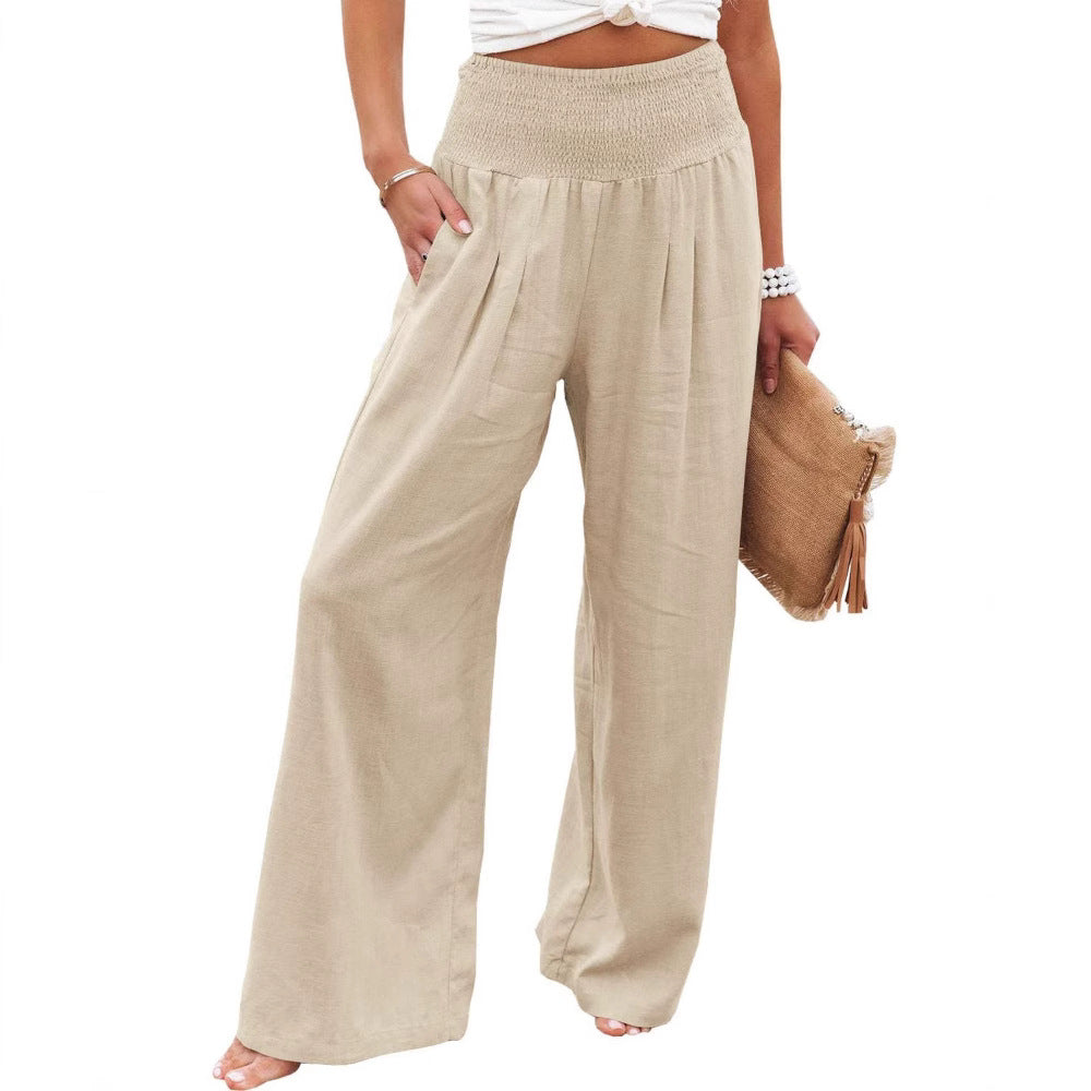 Damen Weite Leinenhose mit Elastischem Bund und Falten Echoarchiv