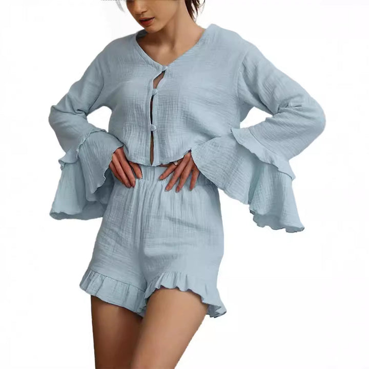 Damen Zweiteiliges Crinkle-Lounge-Set mit Volant-Shorts und gestuften Trompetenärmeln Echo Archiv