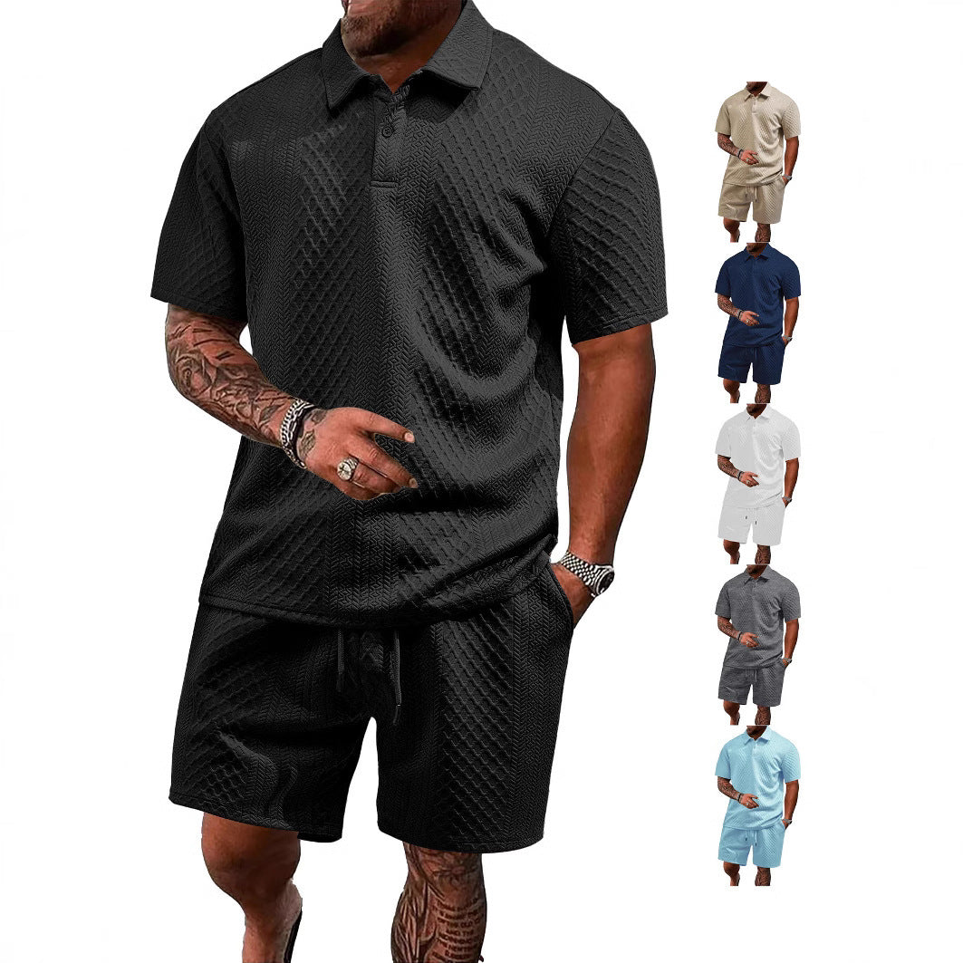 Herren nan geprägtes Waffel-Polo mit Kentkragen und elastischer Tunnelzugshorts im Set Echo Archiv