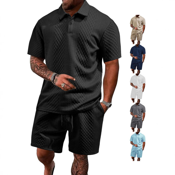 Herren nan geprägtes Waffel-Polo mit Kentkragen und elastischer Tunnelzugshorts im Set Echo Archiv