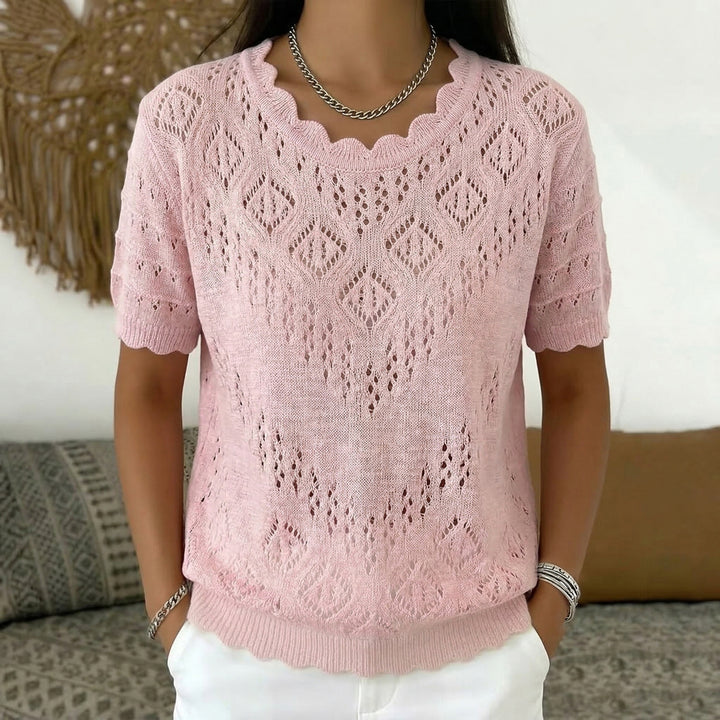Damen nan kurzärmeliger Spitzenstrickpullover mit Ajourmuster und geschwungenem Ausschnitt Echo Archiv