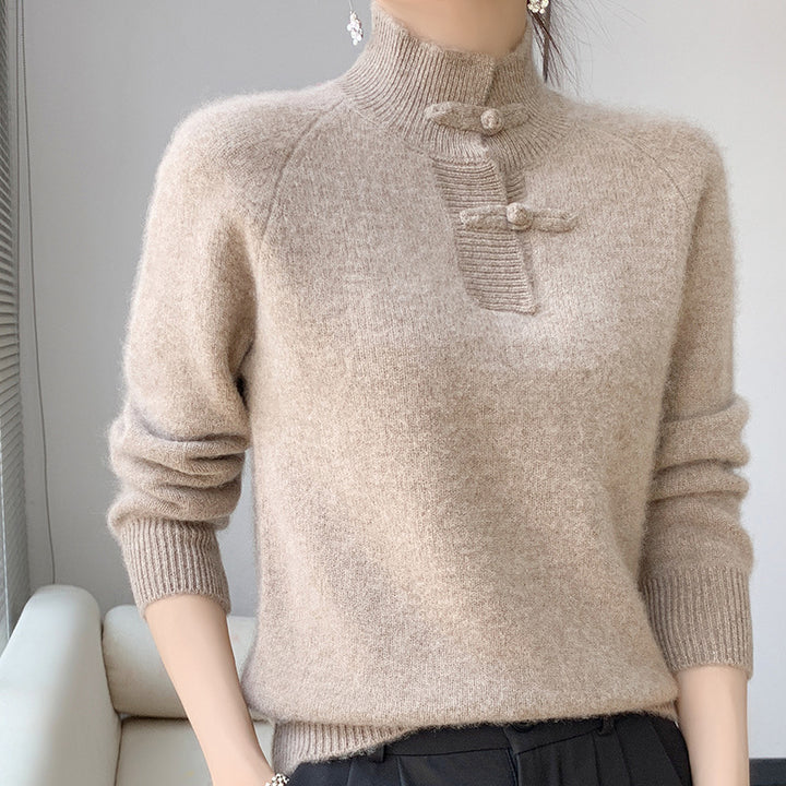 Damen Kaschmir‑Optik Mockneckpullover mit dekorativer KnEchoarchivelknopfblende Echoarchiv