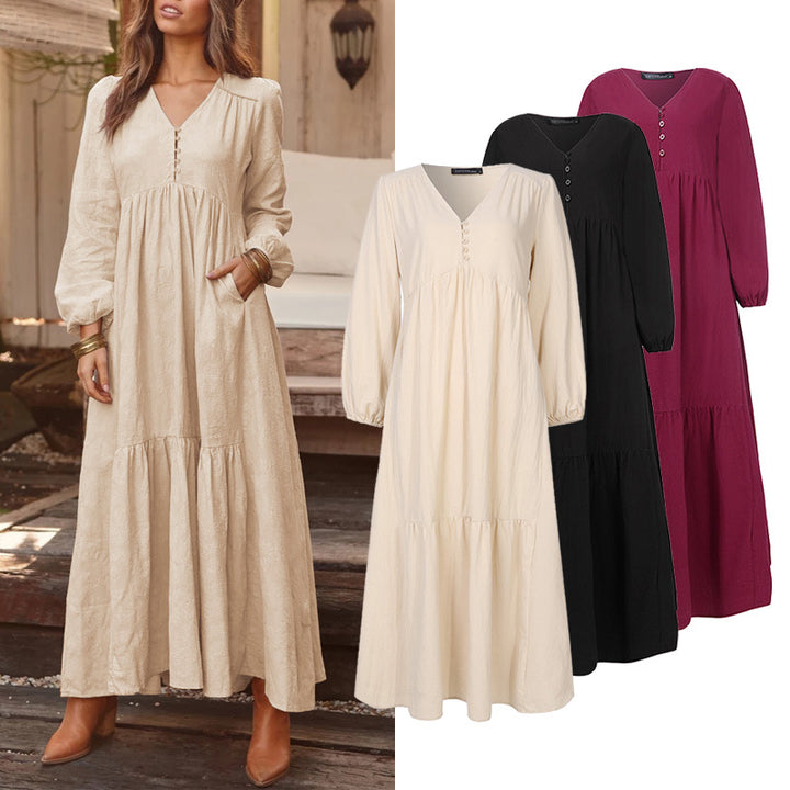 Damen nan luftiges Maxikleid mit V-Ausschnitt, Langarm und Eingrifftaschen Echo Archiv