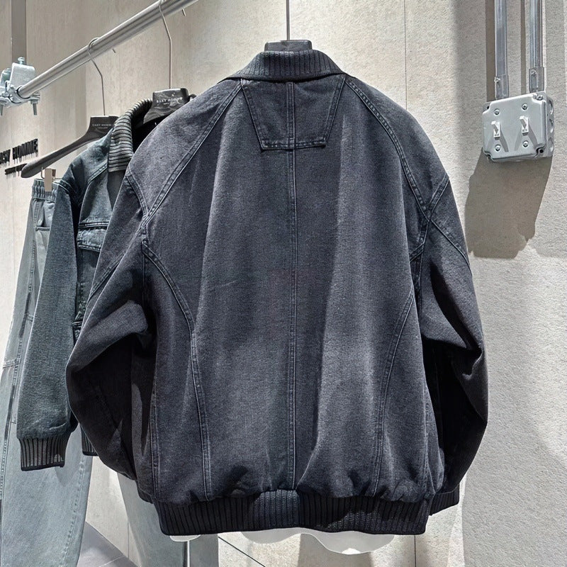 Herren Weitgeschnittene Jeansjacke mit geripptem Kontrastkragen und Vintage-Waschung Echoarchiv